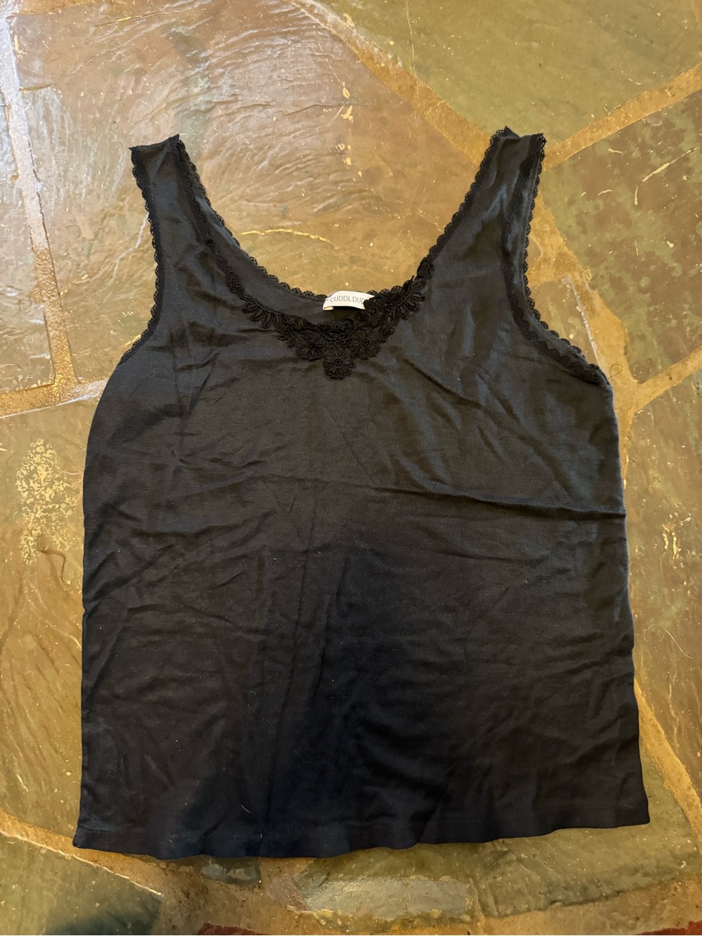 Cuddl Duds Black Lace-Trimmed Scoop Tank